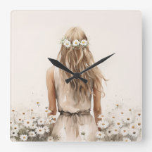 Acuarela De Mujer Joven En Campo De Daisy