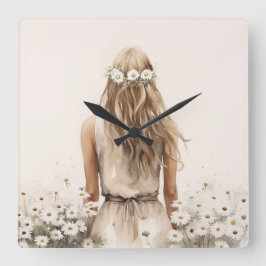 Reloj Cuadrado Acuarela De Mujer Joven En Campo De Daisy