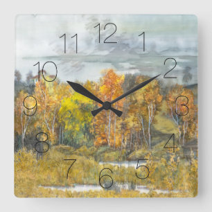 Reloj Cuadrado acuarela de pintura de otoño
