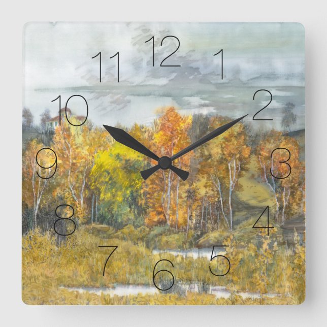 Reloj Cuadrado acuarela de pintura de otoño (Anverso)