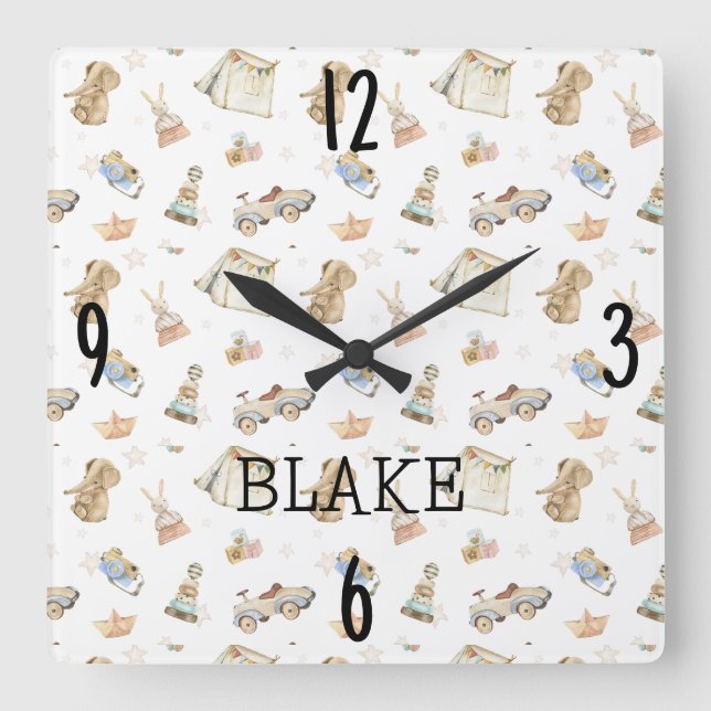 Reloj Cuadrado Acuarela de vivero blanco juguetes antiguos 10.75- (Anverso)