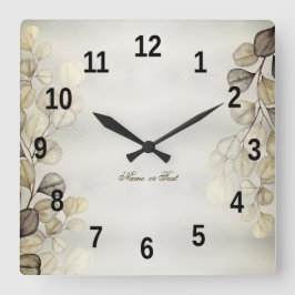 Reloj Cuadrado Acuarela dorada follaje de eucalipto elegante bril