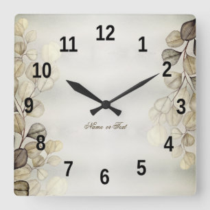 Reloj Cuadrado Acuarela dorada follaje de eucalipto elegante bril