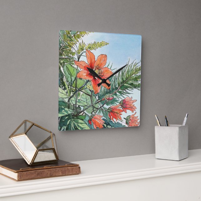 Reloj Cuadrado Acuarela ilustrada Naranja botánico floral (Oficina)