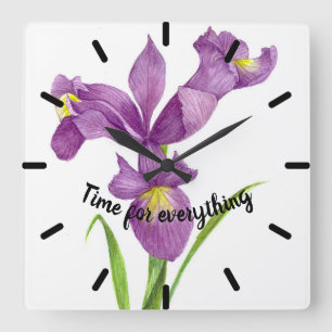 Reloj Cuadrado Acuarela Iris Púrpura Arte Botánico Floral