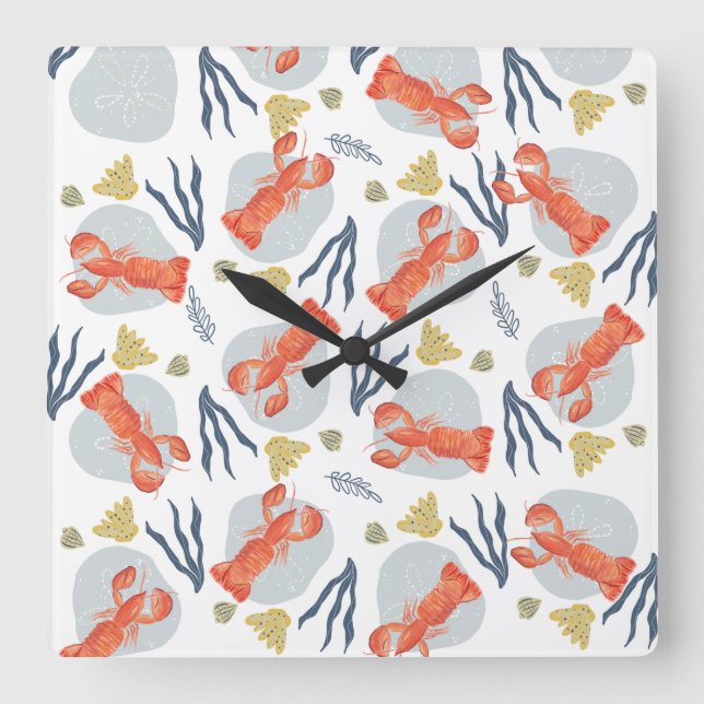 Reloj Cuadrado Acuarela Lobster Crustacean Beach Sand Dollars  (Anverso)