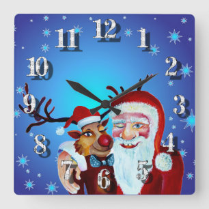 Reloj Cuadrado Acuarela Magical Santa Claus Sonriendo Rudolph