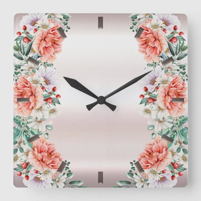 Reloj Cuadrado Acuarela Peony Flower Wall Clock (Anverso)
