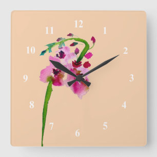 Reloj Cuadrado acuarela rosa Flor de verbascum ruidosa