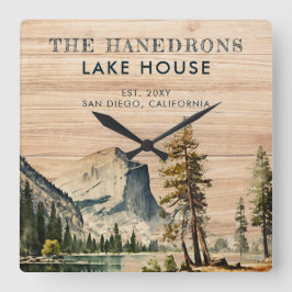 Reloj Cuadrado Acuarela Rustic Lake House Nombre de familia temát