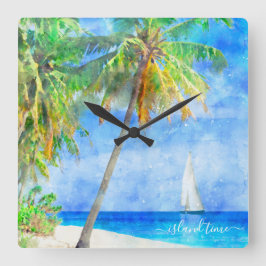 Reloj Cuadrado Acuarela Tropical Island Beach Palm Tree