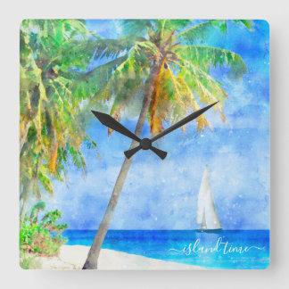 Reloj Cuadrado Acuarela Tropical Island Beach Palm Tree