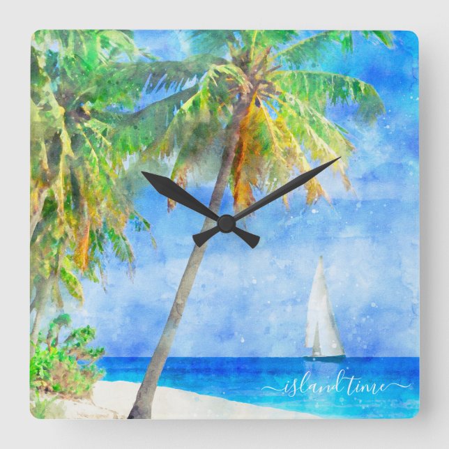 Reloj Cuadrado Acuarela Tropical Island Beach Palm Tree (Anverso)