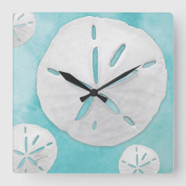 Reloj Cuadrado Acuarela Turquesa Tropical Beach Sand Dollar