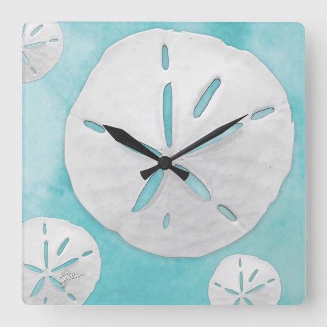 Reloj Cuadrado Acuarela Turquesa Tropical Beach Sand Dollar (Anverso)