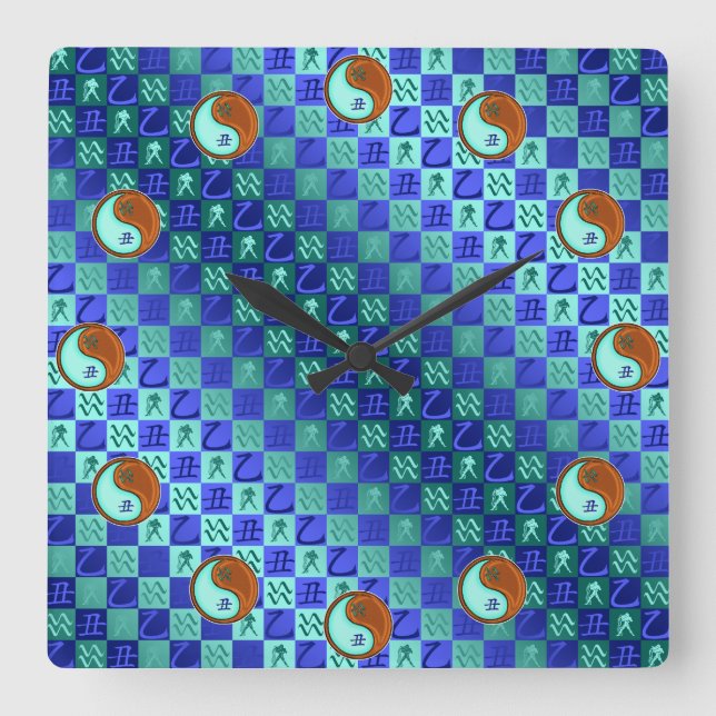 Reloj Cuadrado Acuario & Buey de Madera (Anverso)