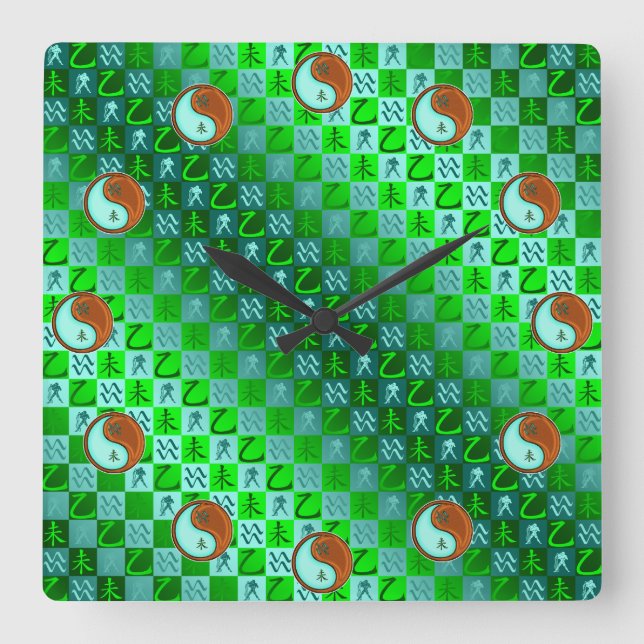 Reloj Cuadrado Acuario & Cabra de Madera (Anverso)