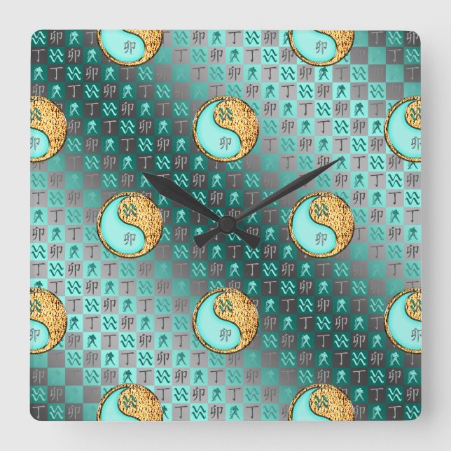 Reloj Cuadrado Acuario & Conejo de Fuego (Anverso)