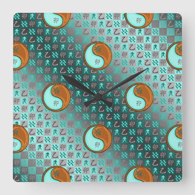 Reloj Cuadrado Acuario & Conejo de Madera (Anverso)