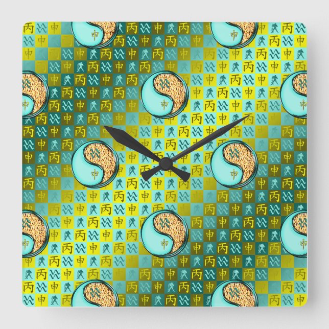 Reloj Cuadrado Acuario & Mono de Fuego (Anverso)