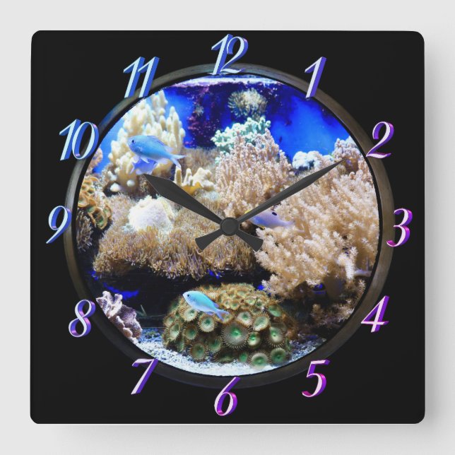 Reloj Cuadrado Acuario Pescado tropical y coral (Anverso)