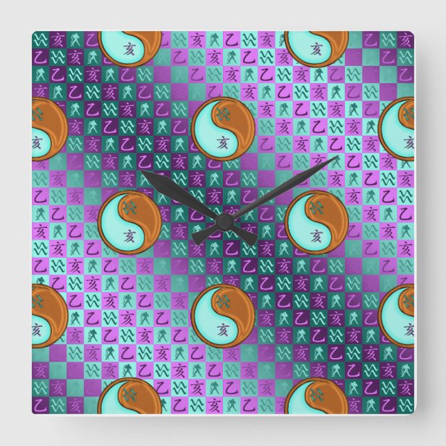Reloj Cuadrado Acuario y Cerdo de Madera (Anverso)