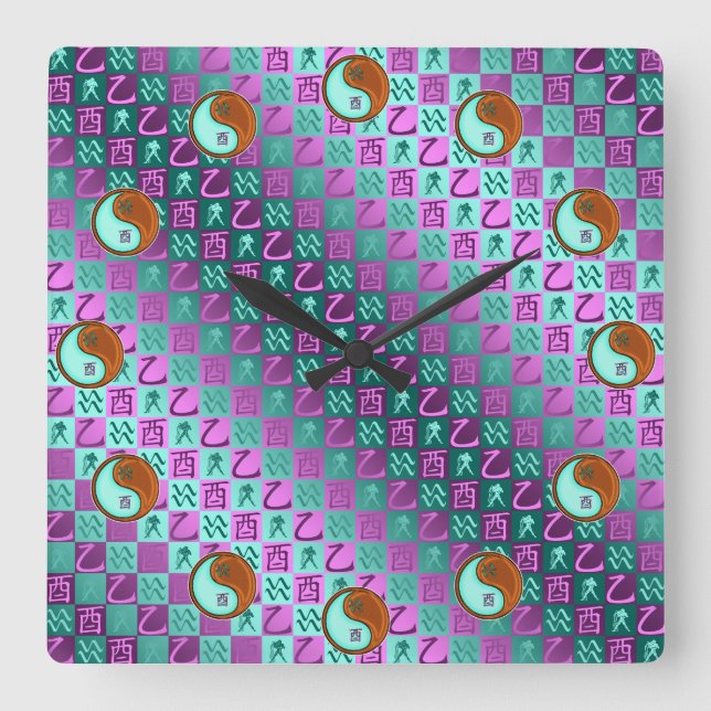 Reloj Cuadrado Acuario y Gallo de Madera (Anverso)