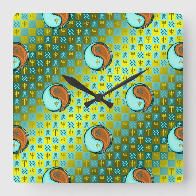 Reloj Cuadrado Acuario y Mono de Madera (Anverso)