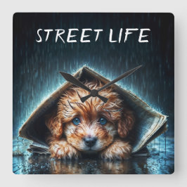 Reloj Cuadrado Adorable cachorro mojado bajo refugio de periódico