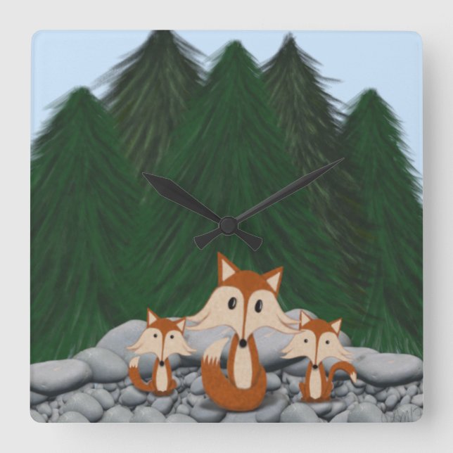 Reloj Cuadrado Adorable familia Fox (Anverso)