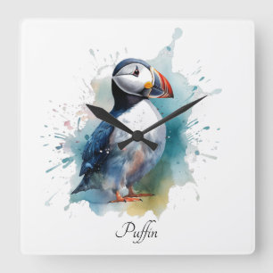 Reloj Cuadrado Adorable frailecillo en acuarela, personalizado