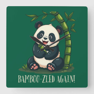 Reloj Cuadrado Adorable Panda Abrazando Bambú Lindo Dibujo Animad