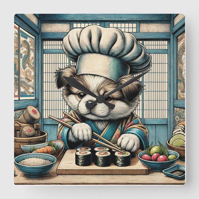 Reloj Cuadrado Adorable Sushi Chef Puppy (Anverso)