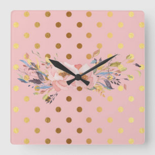 Reloj Cuadrado Adorables flores de lunares dorados falsos