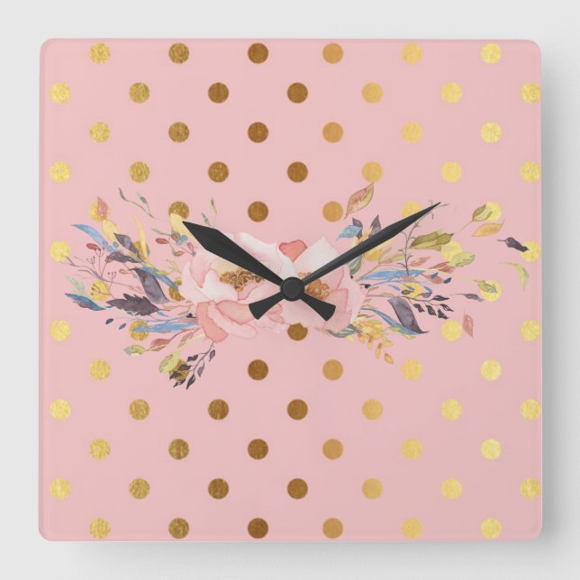 Reloj Cuadrado Adorables flores de lunares dorados falsos (Anverso)