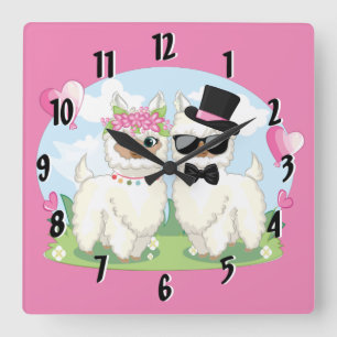 Reloj Cuadrado Adorables Llama Amor Cute Llama Pareja Rosa