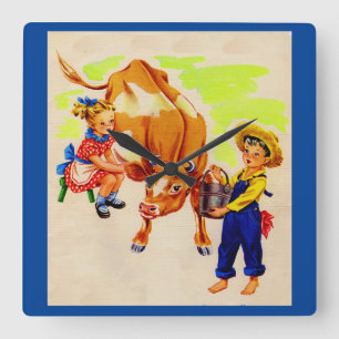 Reloj Cuadrado adorables niños con adorables vacas