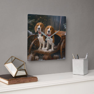 Reloj Cuadrado Adorno de Navidad de Trineo Nevado Beagle