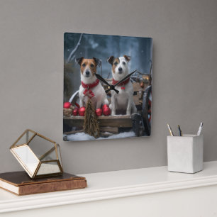 Reloj Cuadrado Adorno de Navidad de Trineo Nevado Jack Russell