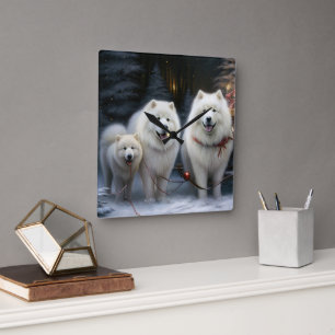 Reloj Cuadrado Adorno de Navidad de Trineo Nevado Samoyedo