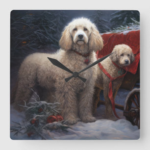 Reloj Cuadrado Adorno de Navidad Poodle Snowy Sleigh