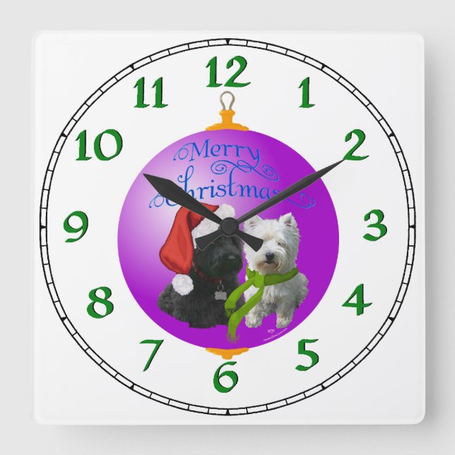 Reloj Cuadrado Adorno de Navidad Westie Scottie (Anverso)