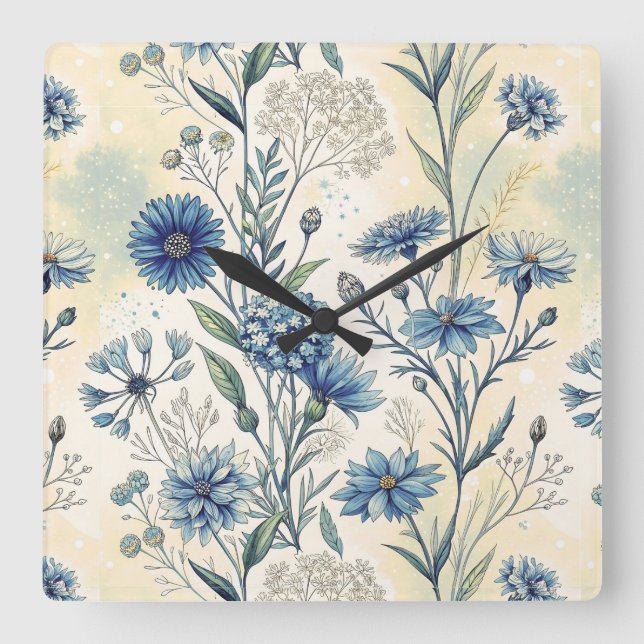 Reloj Cuadrado Aesthetic Blue Wildflowers (Anverso)