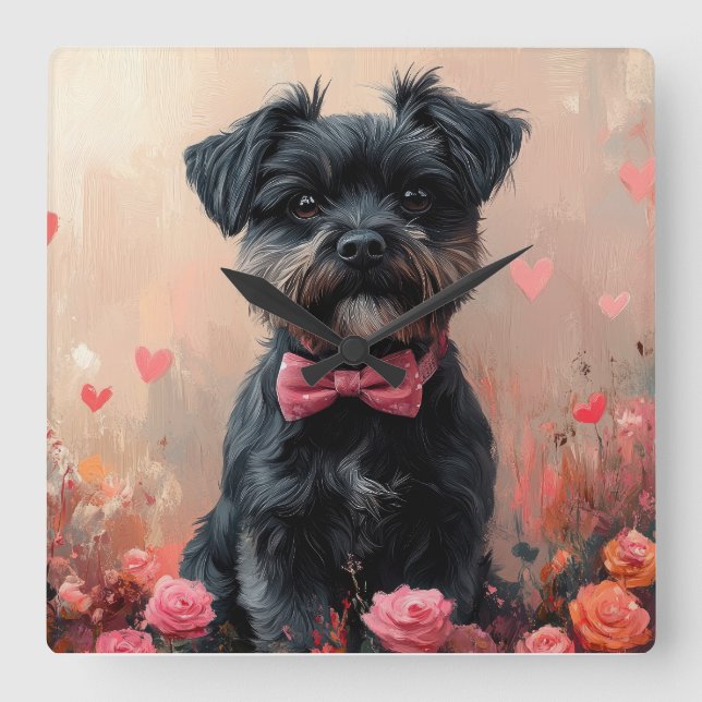 Reloj Cuadrado Affenpinscher con Rosas - El día de San Valentín (Anverso)
