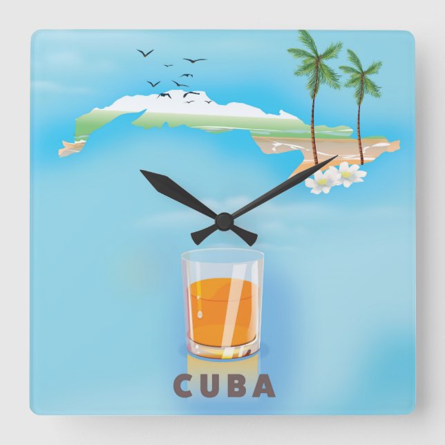 Reloj Cuadrado Afiche de viaje con mapa ilustrado de Cuba (Anverso)