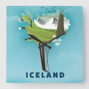 Reloj Cuadrado Afiche de viaje del Ilustracion Mapa de Islandia.