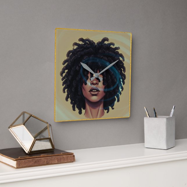 Reloj Cuadrado Afro Glow Wall Clock – Modern Black Art (Oficina)