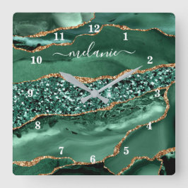 Reloj Cuadrado Agate Green Gold Purpurina Geode Marble Name Clock