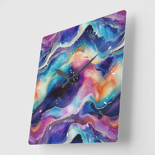 Reloj Cuadrado Agato estético de purpurina arcoiris colorido (Ángulo)