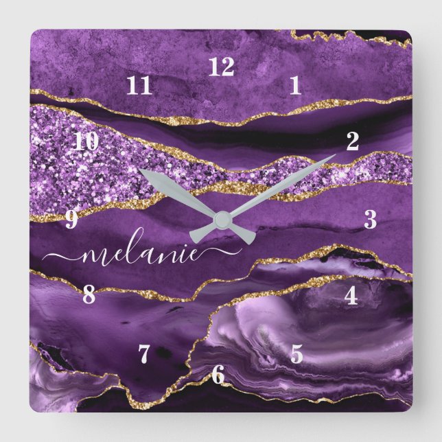 Reloj Cuadrado Agple violeta púrpura Purpurina de oro Geode Nombr (Anverso)